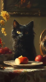 Beautiful Black Cat Surrounded by Golden Flowers and Fresh Apples