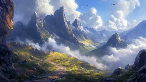 Mountain valley trail under clouds and distant peaks.