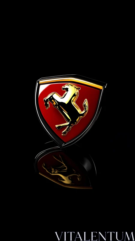 Glossy prancing horse crest on deep black reflective field.