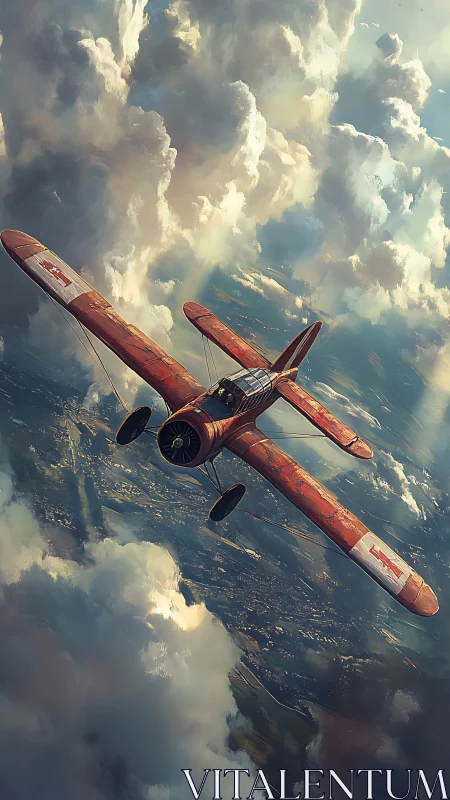 Rust-red vintage monoplane banking above sunlit cumulus cloudfields.