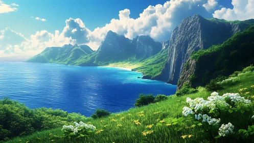 Sunlit cliffside cove with lush flowers and turquoise sea.