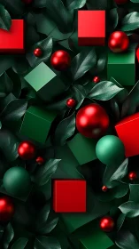 Geometric holiday ornaments within lush green foliage.