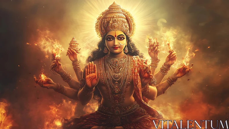 Fiery multi-armed goddess figure in ornate golden regalia.