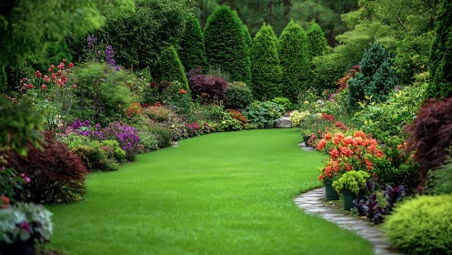 Lush backyard garden with manicured lawn and flowers.