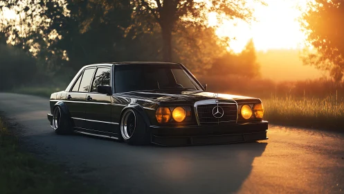 Lowered black Mercedes sedan glows under warm sunset light