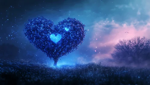 Glowing Blue Heart Tree Against Twilight Sky