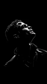 Luminous male profile gazes upward through stark darkness