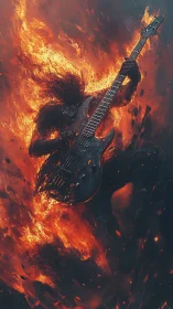 Guitarist silhouette engulfed in stylized flames plays intensely