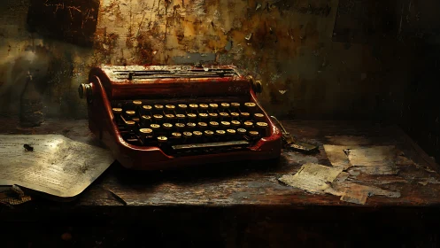 Timeworn red typewriter waits quietly on a cluttered desk