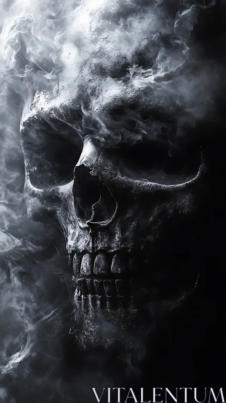 Human skull emerging in dense swirling smoke on black background.