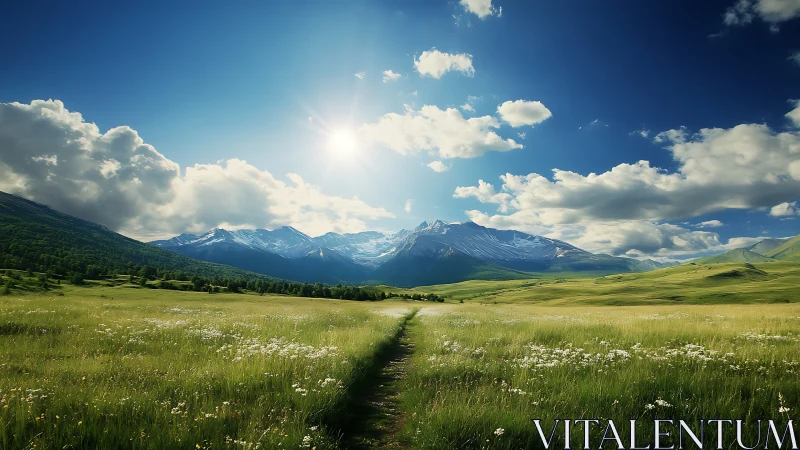 Sunny mountain meadow path inviting quiet, gentle escape.