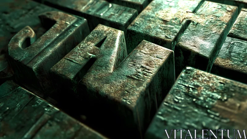 Close-up of Rusty Metal Letterpress Blocks in Industrial Style.