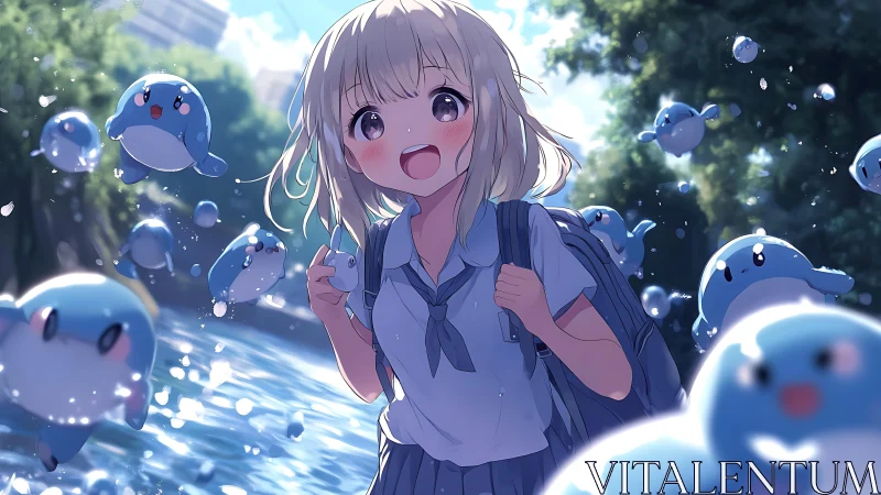 Smiling schoolgirl walks by river with floating blue mascots.