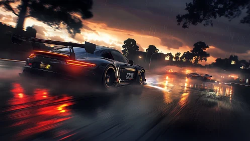 Sports car drifts through wet racetrack at dusk in rain