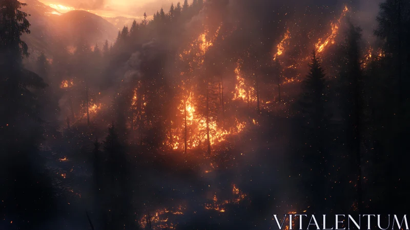 Pyroclastic forest wildfire with intense luminous combustion zones.