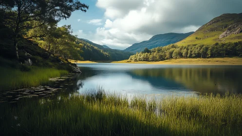 Photorealistic alpine lakescape with reflective still water.