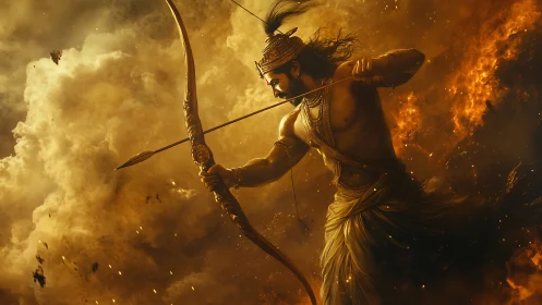 Flaming war god bends a golden bow through storming embers