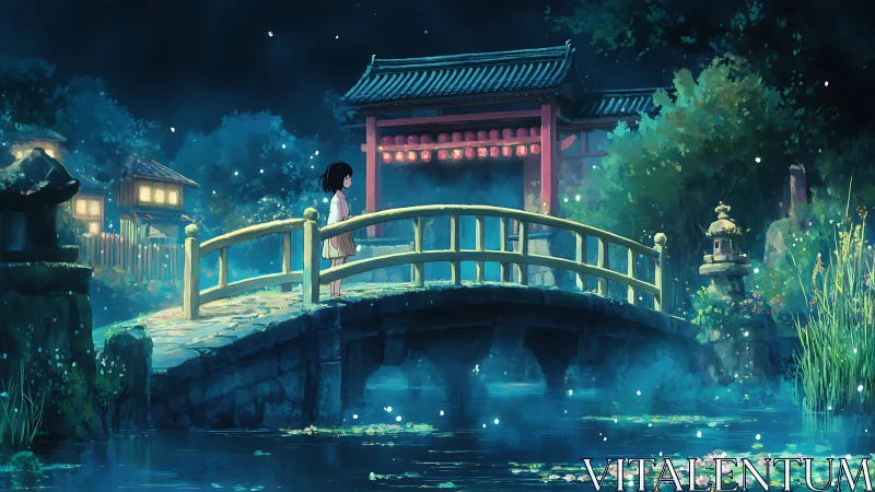 Girl on arched bridge in glowing night garden scene