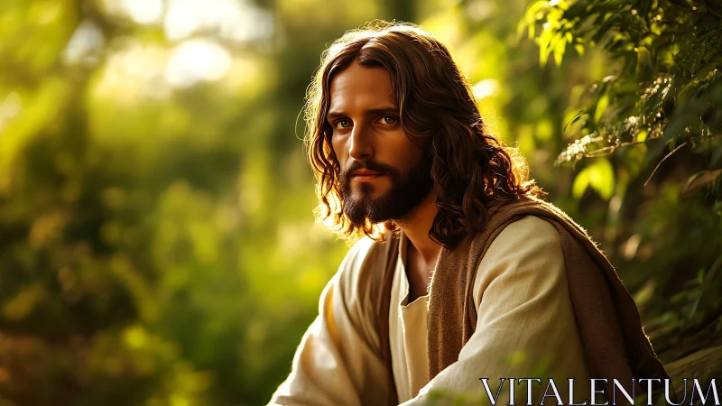 Bearded robed man illuminated by golden forest backlighting