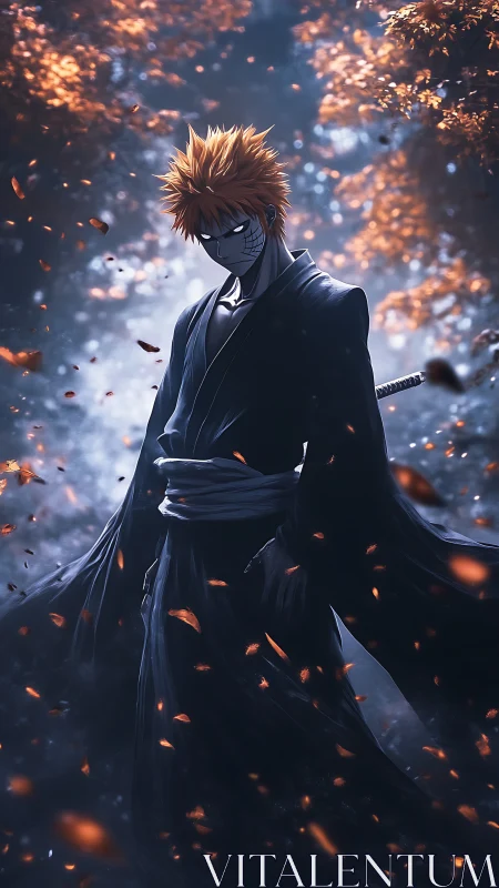 Sword-wielding figure stands in forest with drifting leaves