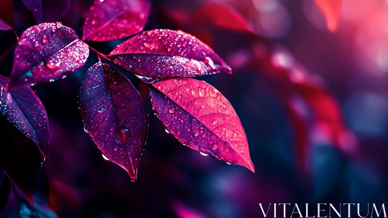 Pink wet leaves in sharp macro focus against blurred light