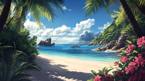 Tropical beach cove with palm framing and mountain vista.