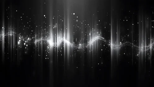 Monochrome luminous waveform with vertical particle streaks.