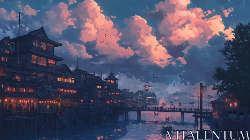 Twilight harbor town glows beneath volumetric sunset clouds