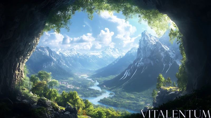 Cave-framed alpine valley where river threads through light.