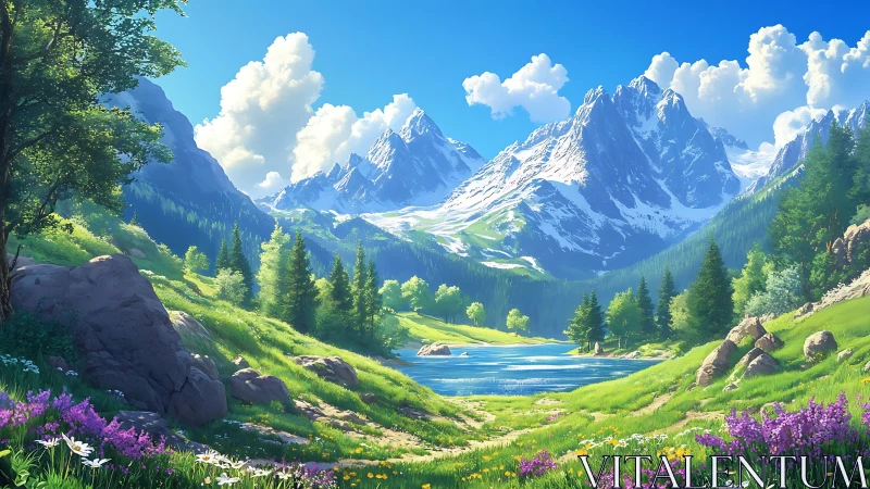 Sunlit alpine valley and lake beneath towering peaks.