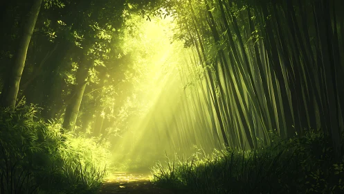Sunlit bamboo corridor rendered in atmospheric digital painting