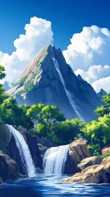 Sky-brushed mountain and twin waterfalls in sunlit hush.