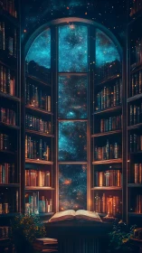 Spellbound library window into a star-swept midnight cosmos.