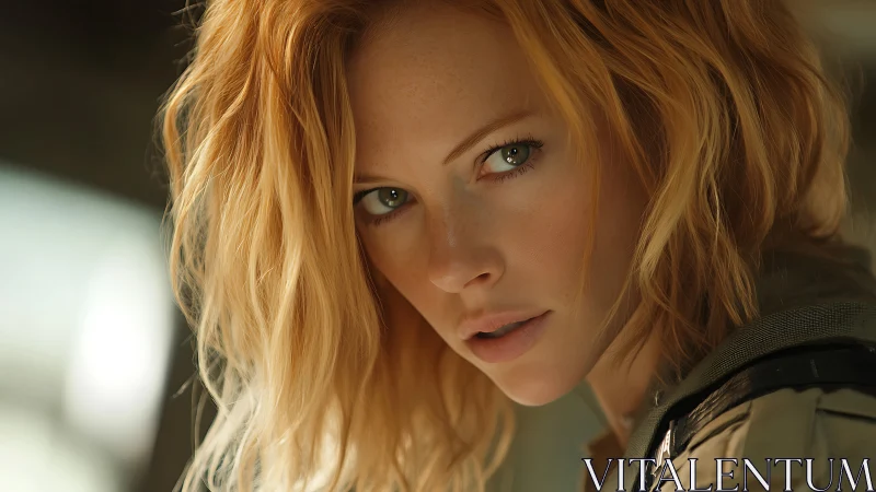 Cinematic close-up portrait capturing intense green-eyed gaze