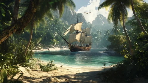 Sailing vessel navigating tropical waterway with limestone formations.