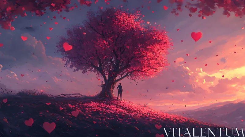 Solitary Figure Beneath Heart-Filled Tree at Sunset.