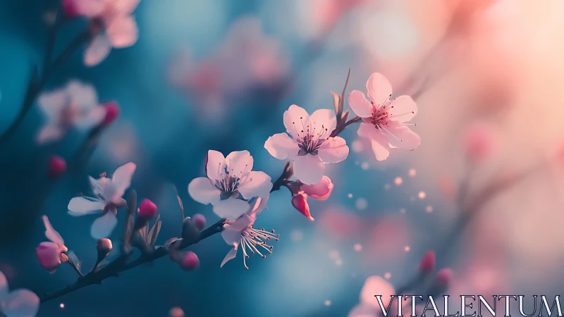 Delicate pink blossoms bloom against dreamy teal background.