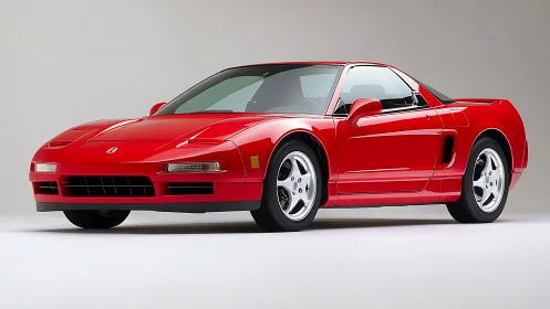 Red 1990s sports coupe on studio background profile view.