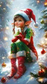 Christmas elf child sits in snowlit forest among ornaments
