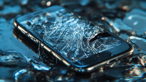Shattered smartphone adrift in icy blue digital wreckage.