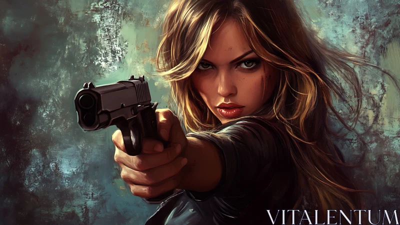 Fierce gunslinger heroine locking eyes with the viewer.