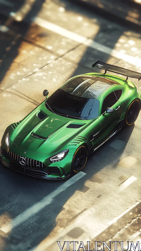 Metallic green GT race car under cinematic golden light.