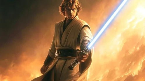 Galactic warrior poised with blue energy blade amid firestorm.