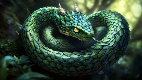 Coiled emerald dragon serpent with layered scales in forest