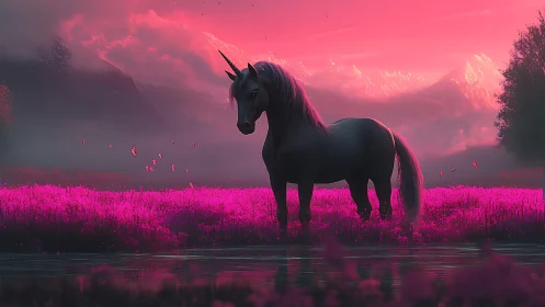 Luminous unicorn in magenta valley under atmospheric dusk field.