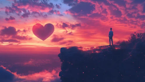 Person stands on cliff edge beneath massive heart silhouette in sunset