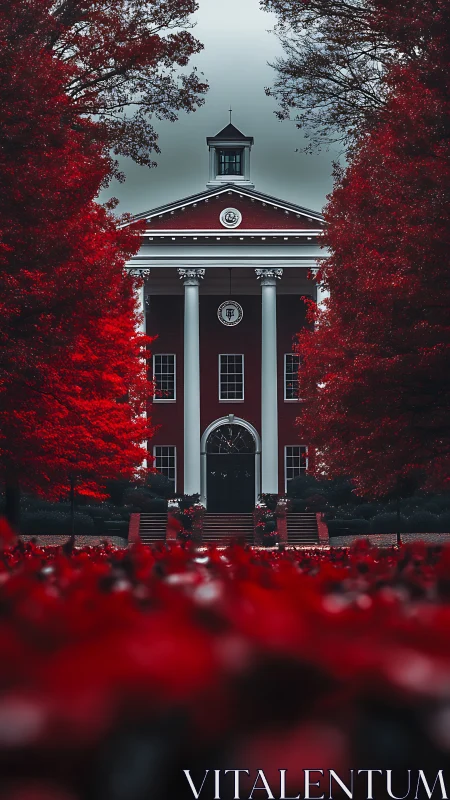 Neoclassical red-brick hall framed by saturated crimson foliage