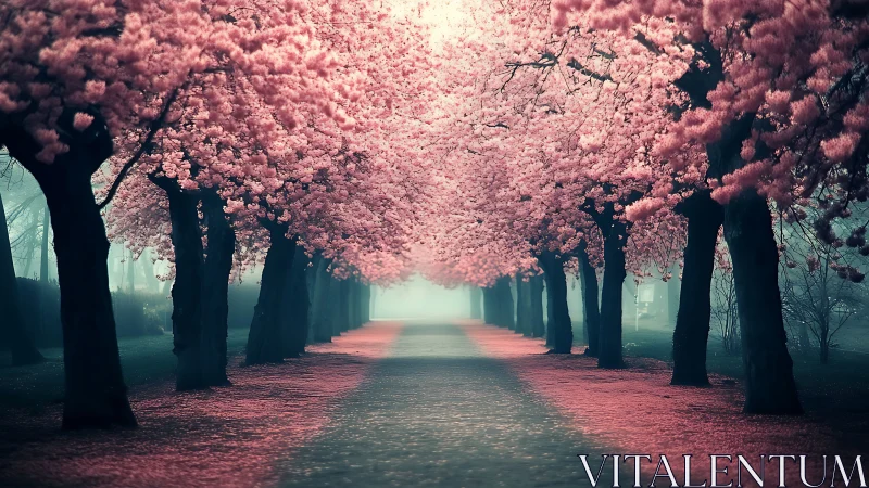 Misty cherry blossom avenue in soft cinematic perspective.