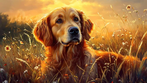 Golden retriever daydream in a sunlit wildflower field.