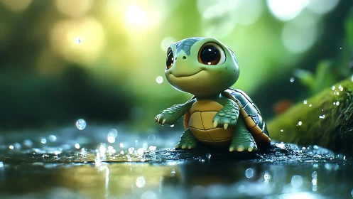 Baby turtle explores a sparkling forest stream at sunrise